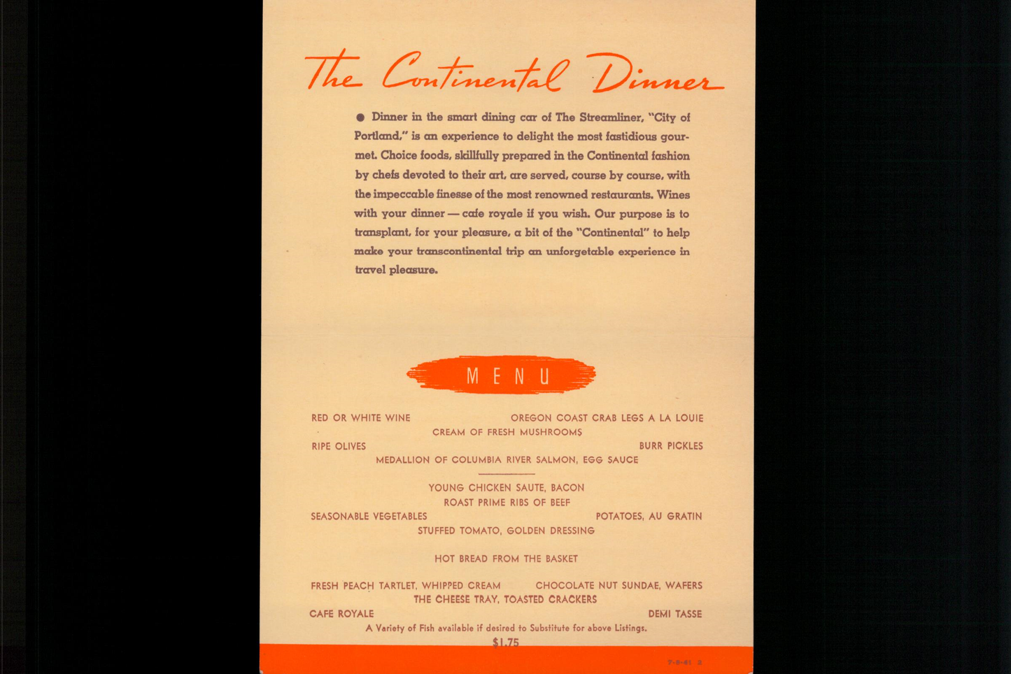 Vintage Menu: The Continental Dinner on the “Union Pacific” — Streamliner — City of Portland — 1941