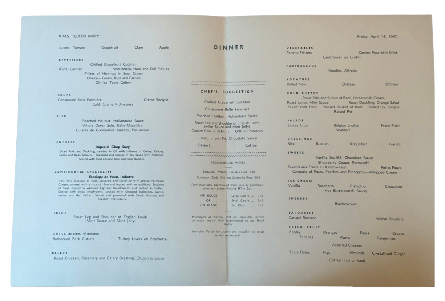 Vintage Menu: Cunard Cruise Lines - Auguste Renoir - R.M.S. Queen Mary - April 14th, 1967