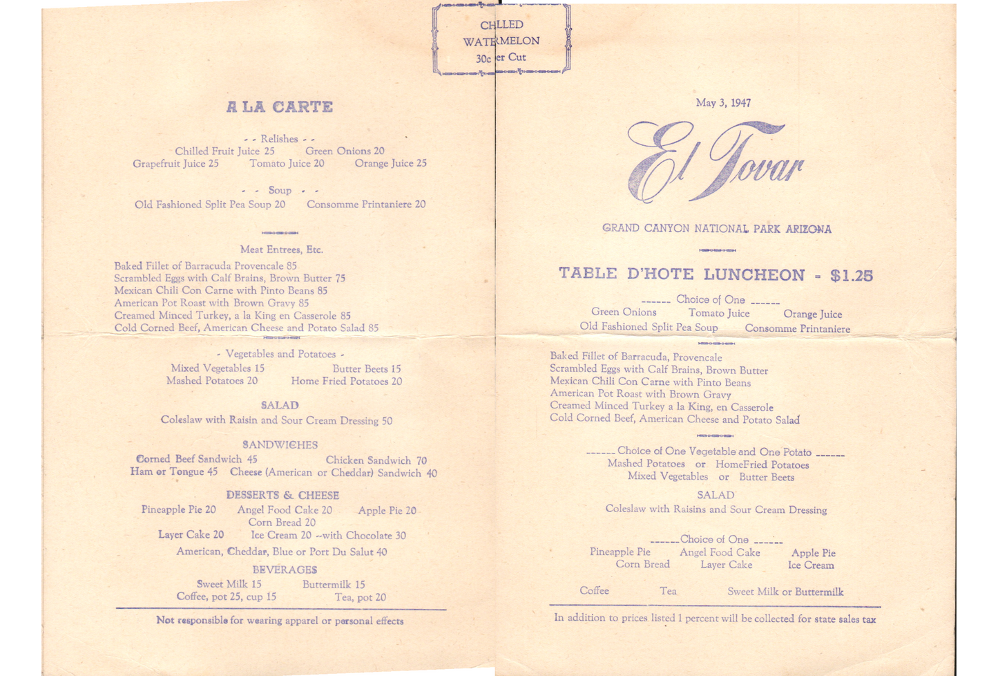 Vintage Menu: Fred Harvey - El Tovar - Margo Hoff - May 3rd, 1947
