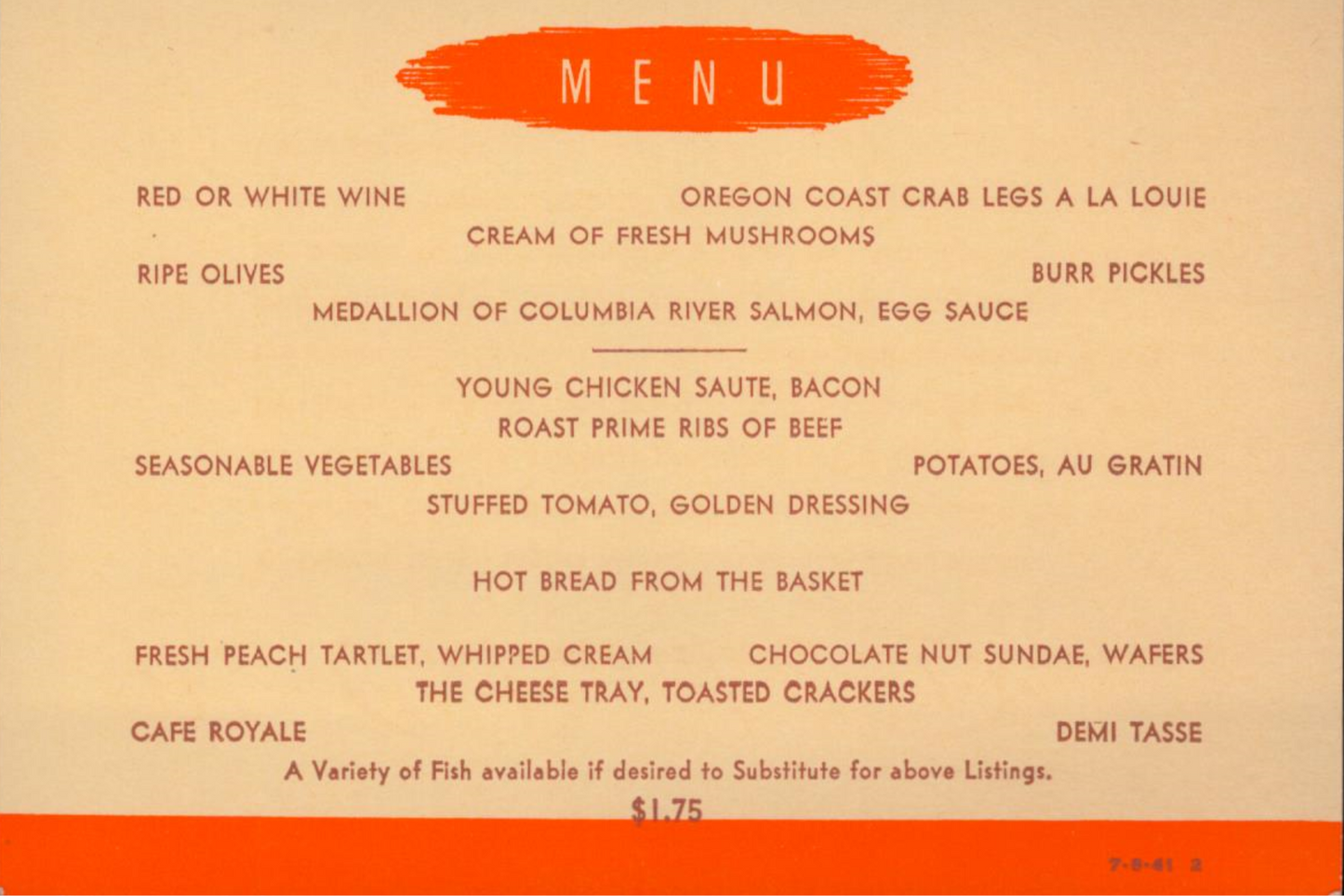 Vintage Menu: The Continental Dinner on the “Union Pacific” — Streamliner — City of Portland — 1941