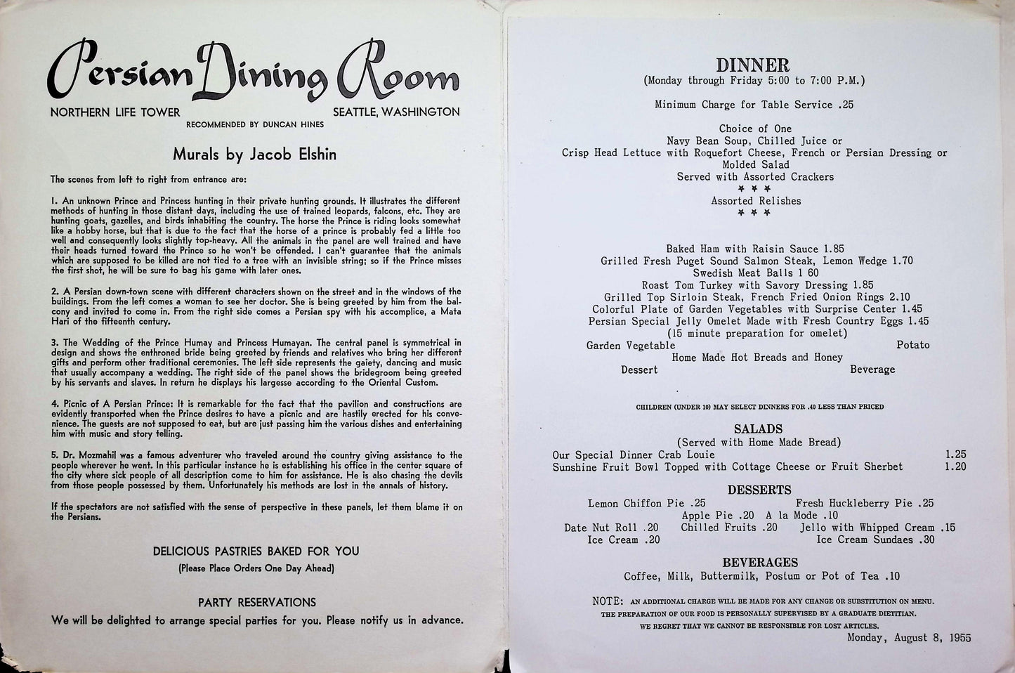 Vintage Menu #10 - 1955 The Persian Dining Room - Hidden Gem in Seattle’s Culinary History
