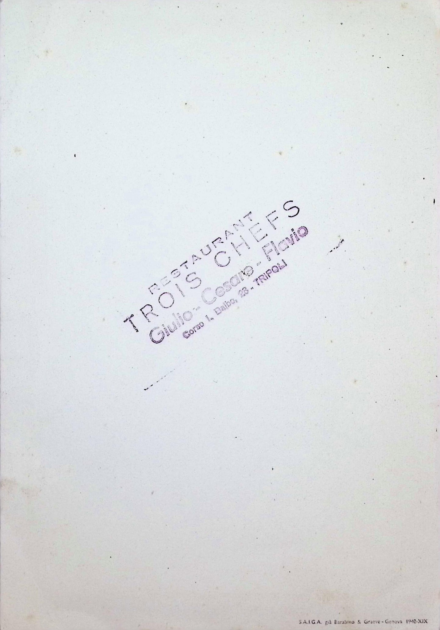 Vintage Menu #11 - 1934 — Restaurant Tres Chefs — Giulio Cesare Flavio — Tripoli Libya