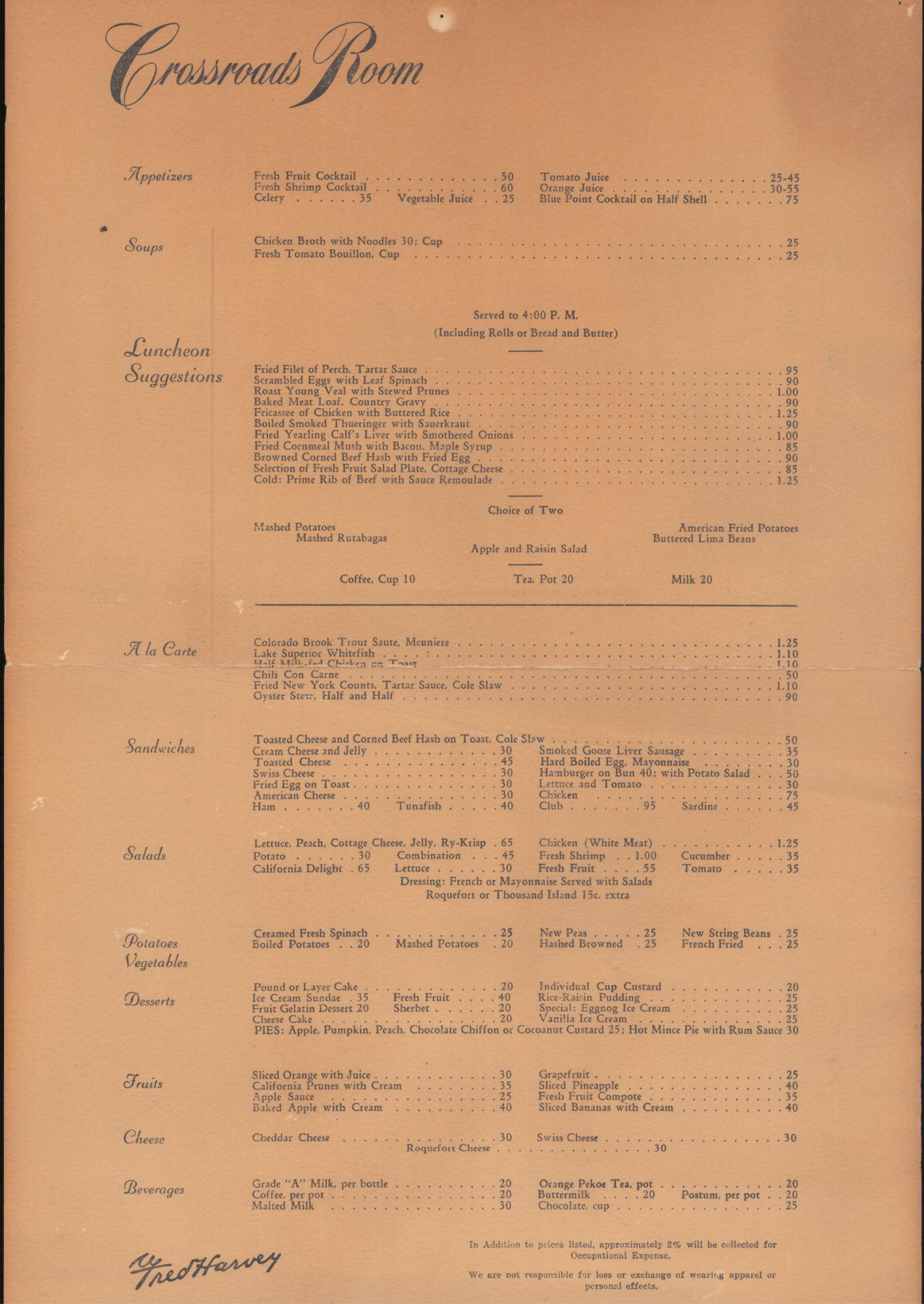 Vintage Menu: Fred Harvey - Crossroads Room at Dearborn Street Station, Chicago - Thomas Hart Benton - 1946