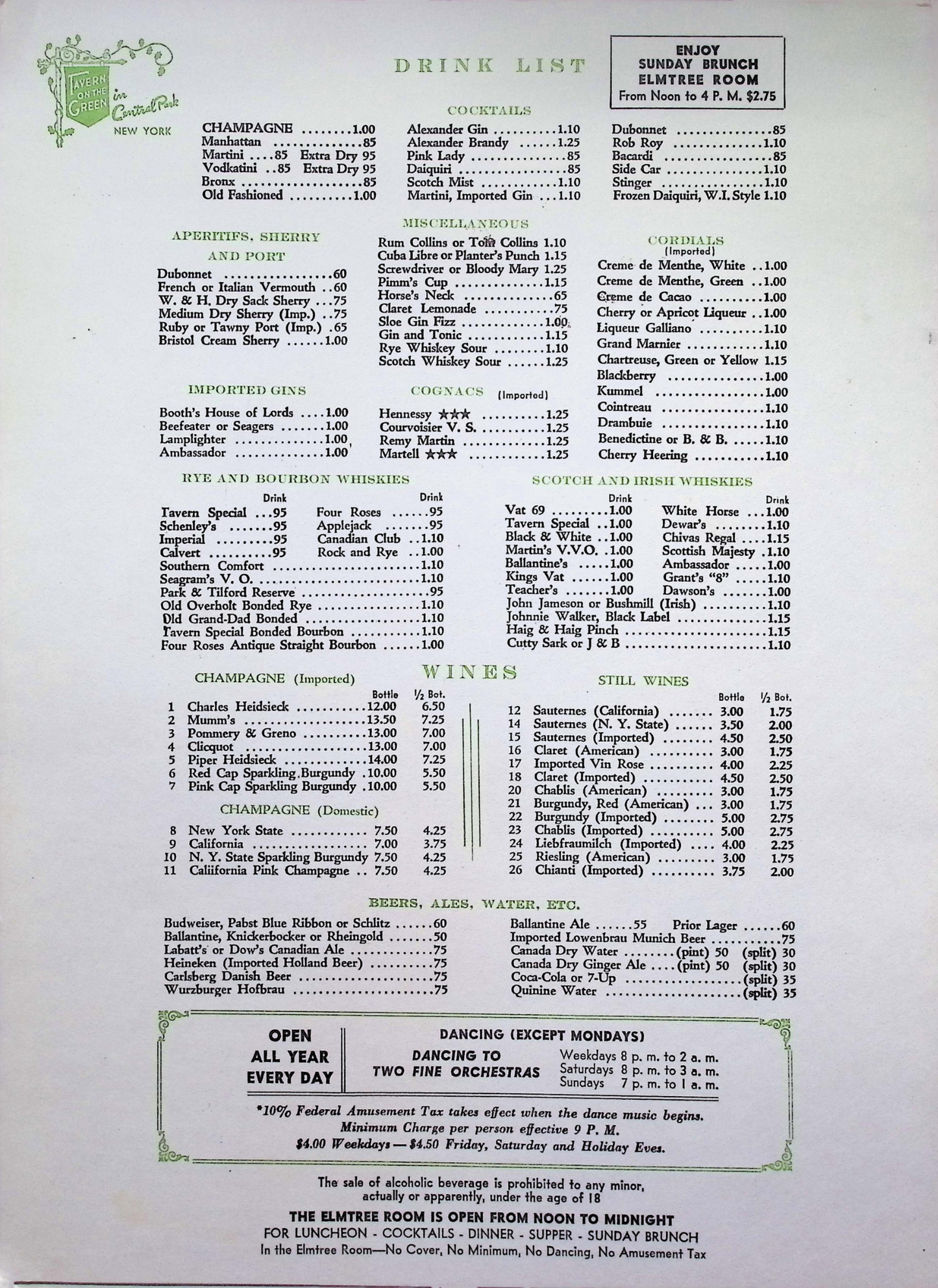 Menu #12–Tavern on the Green - Central Park, NYC - Thursday, July 26, 1962