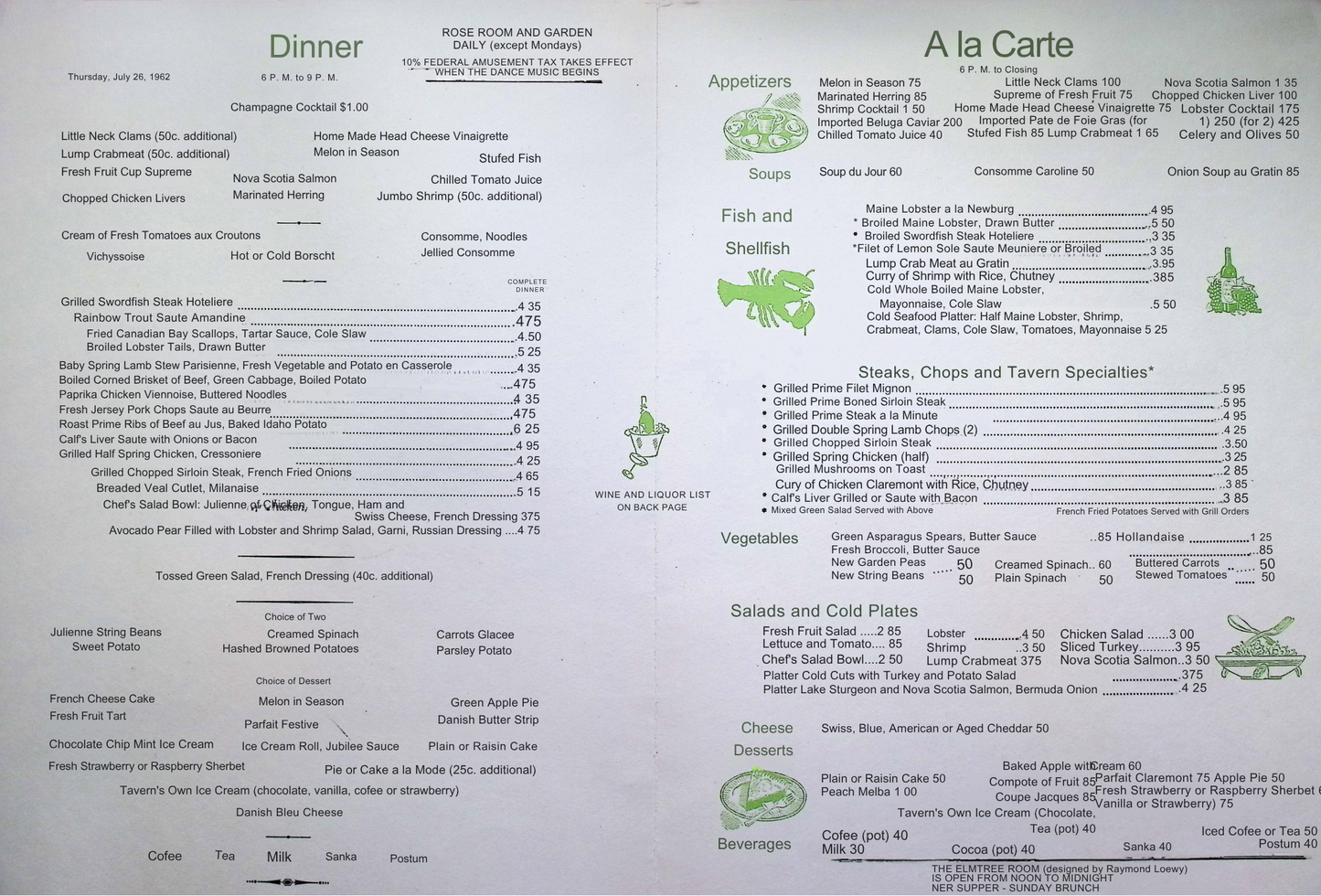 Menu #12–Tavern on the Green - Central Park, NYC - Thursday, July 26, 1962